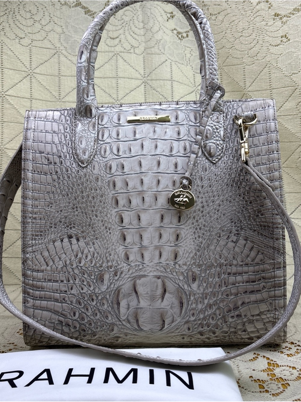 Brahmin Caroline Fairest Grey Melbourne Embossed Leather Satchel